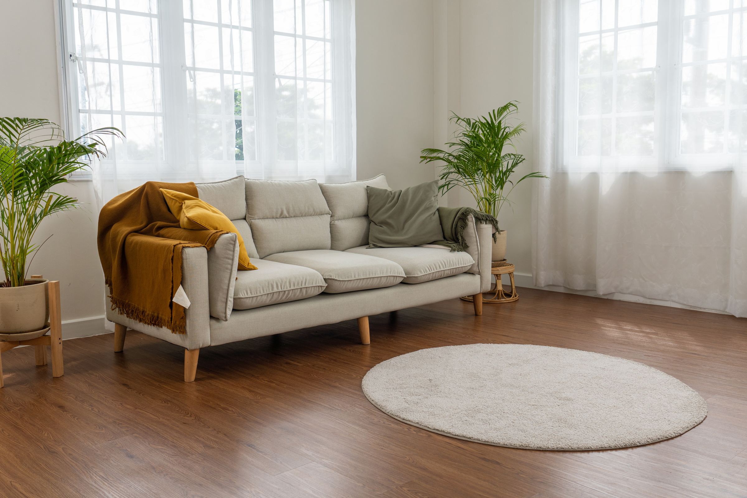 Gray fabric sofa.